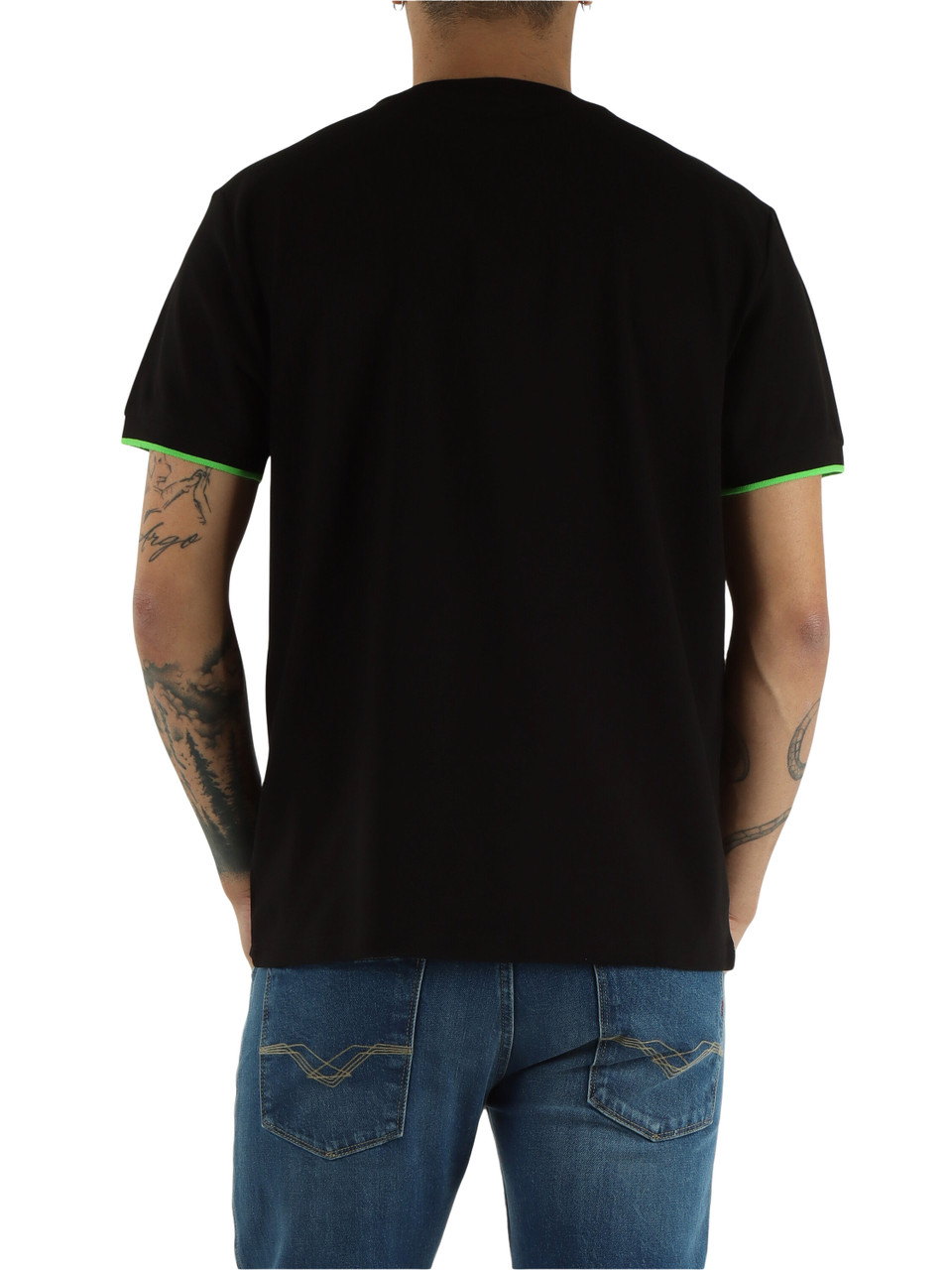 SCHWARZ | Stretch-Piqué-Baumwoll-T-Shirt mit Brusttasche