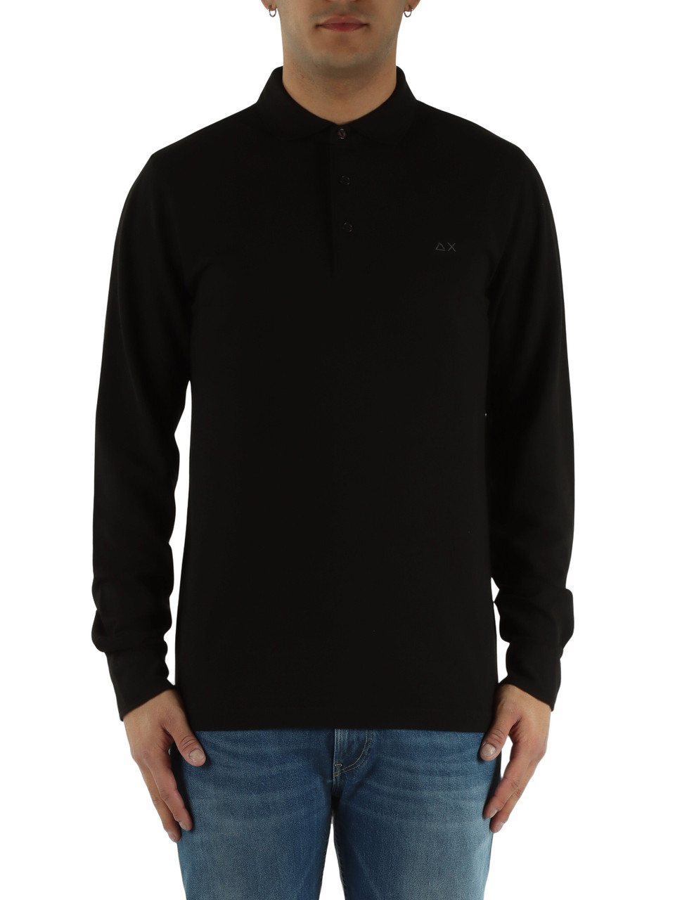 NERO | Polo manica lunga in cotone piquet stretch tinto in capo