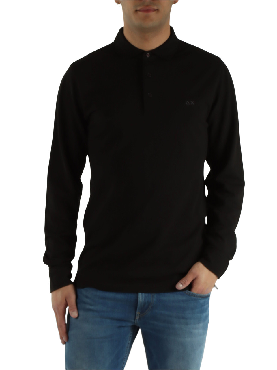 NERO | Polo manica lunga in cotone piquet stretch tinto in capo