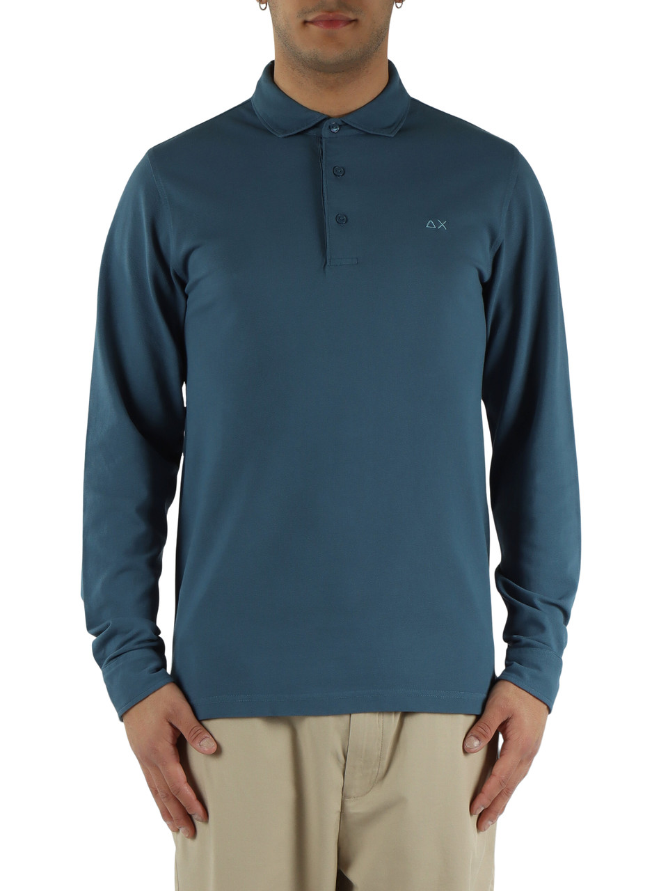 BLU CHIARO | Polo manica lunga in cotone piquet stretch tinto in capo