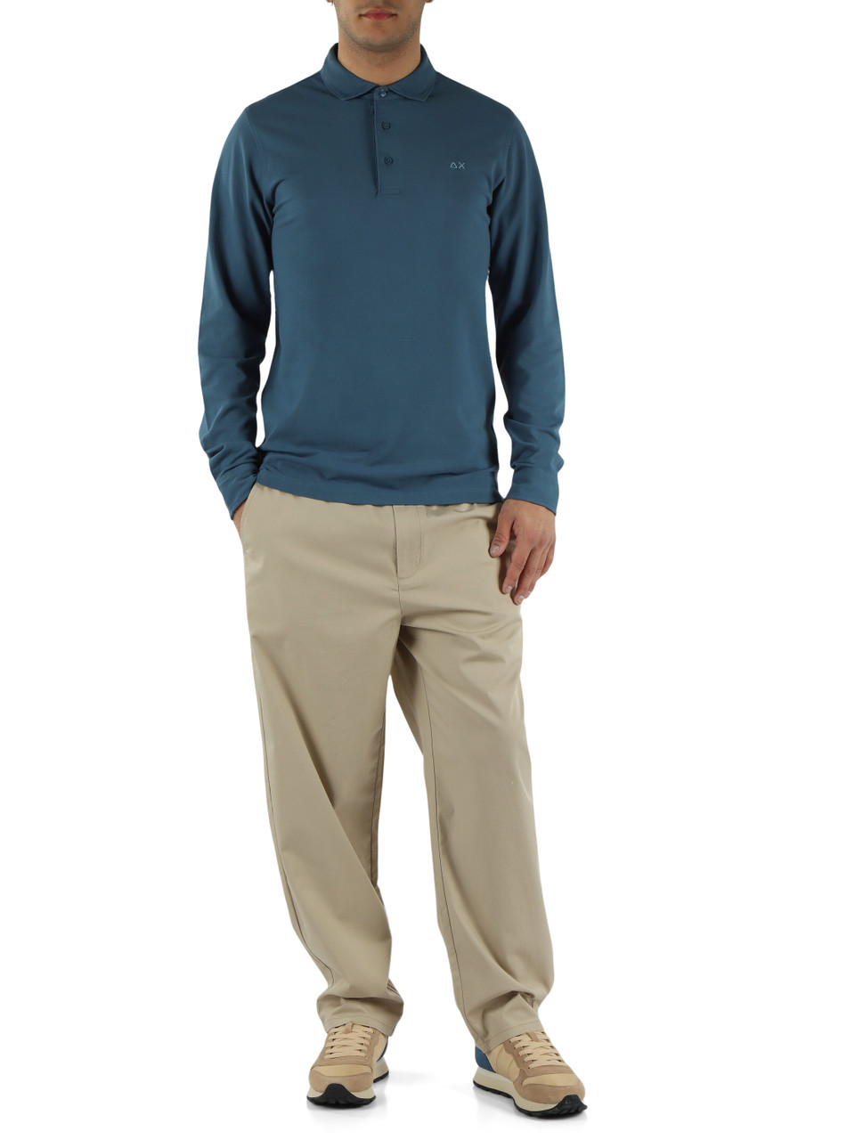 BLU CHIARO | Polo manica lunga in cotone piquet stretch tinto in capo