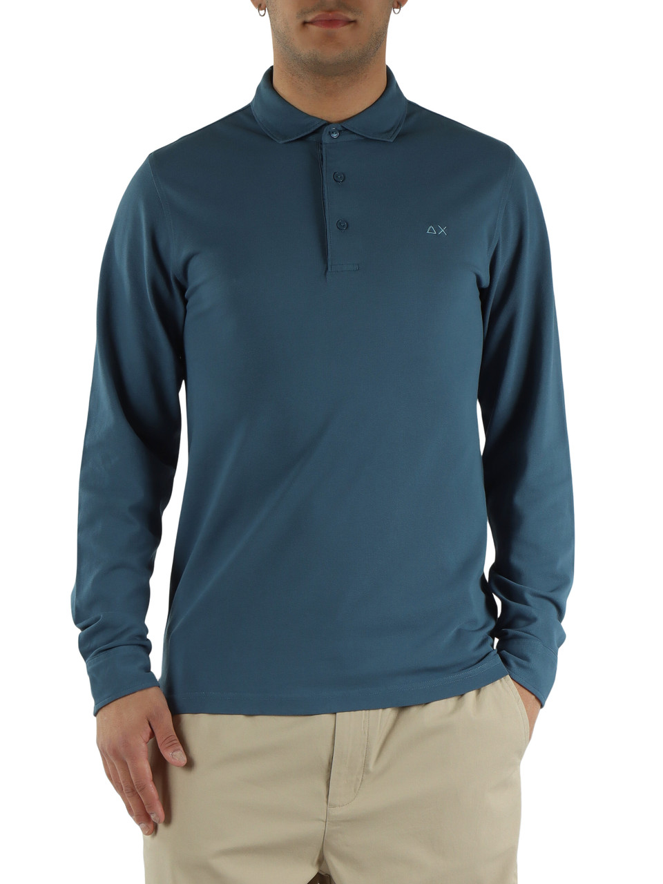 BLU CHIARO | Polo manica lunga in cotone piquet stretch tinto in capo