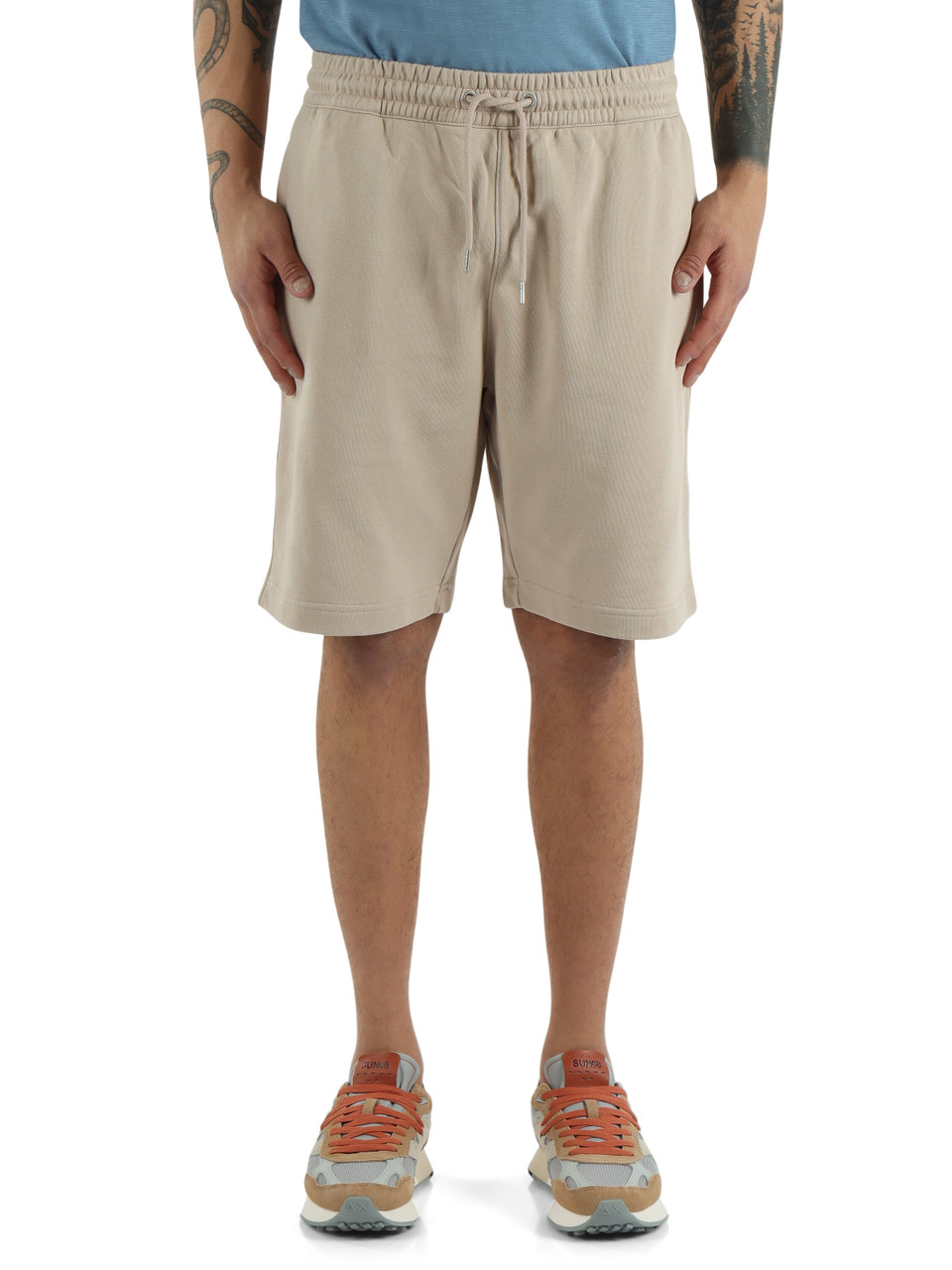 BEIGE | Pantaloncini sportivi in cotone garzato con ricamo logo frontale