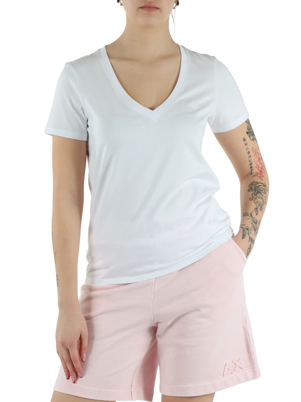 BIANCO | T-shirt collo a V in cotone mercerizzato