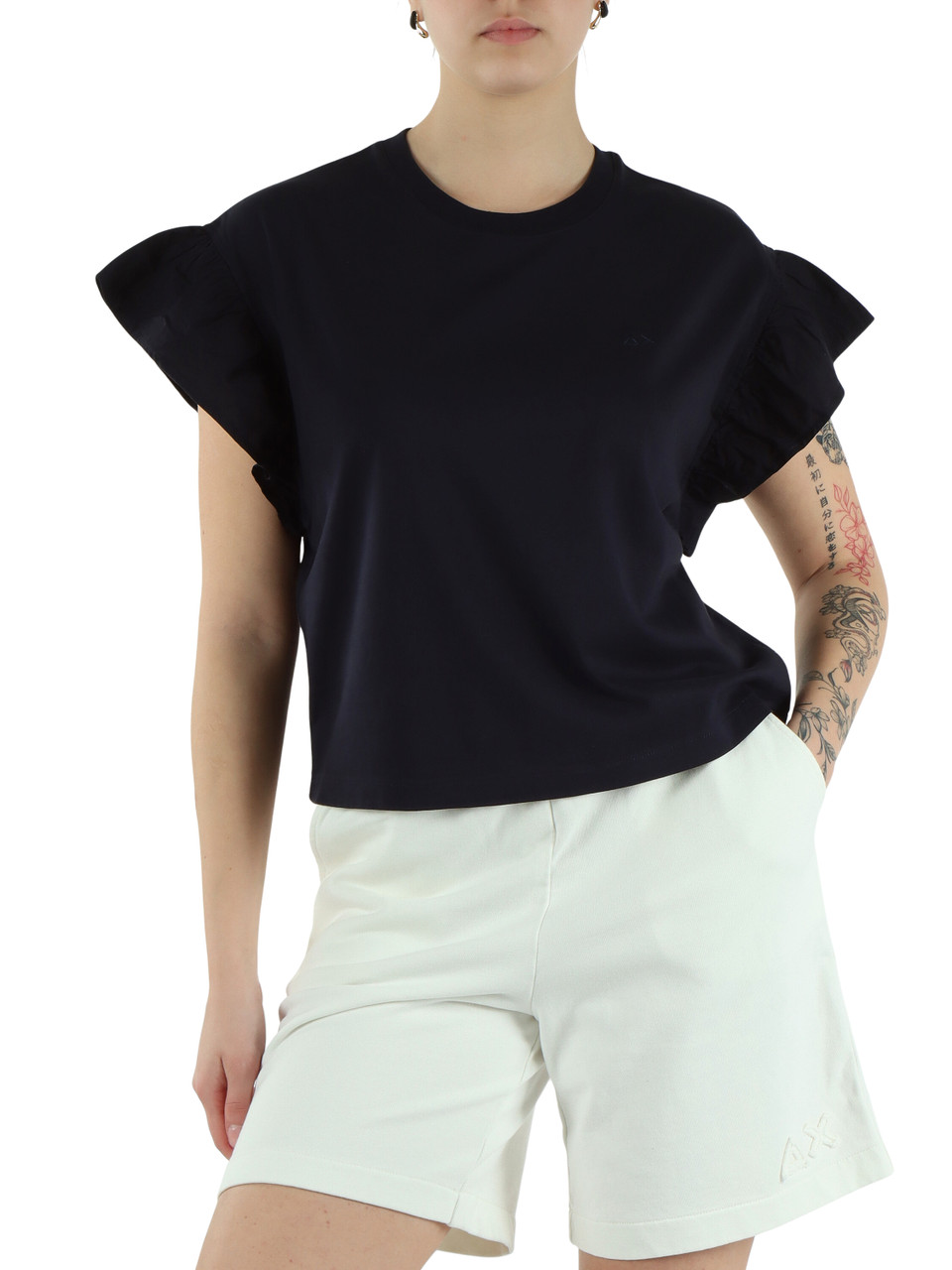 BLU SCURO | T-shirt in cotone con maniche a volant