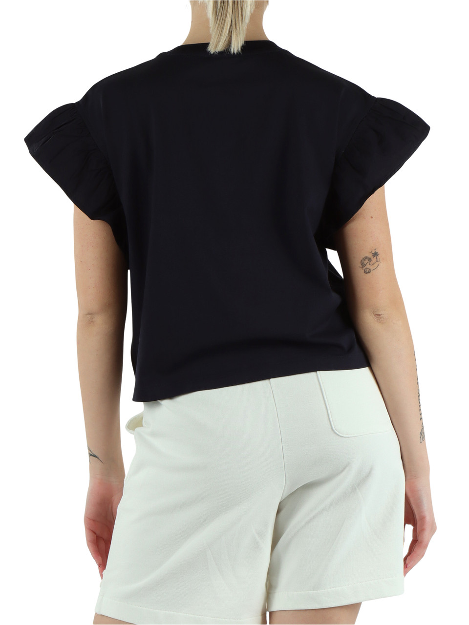 BLU SCURO | T-shirt in cotone con maniche a volant