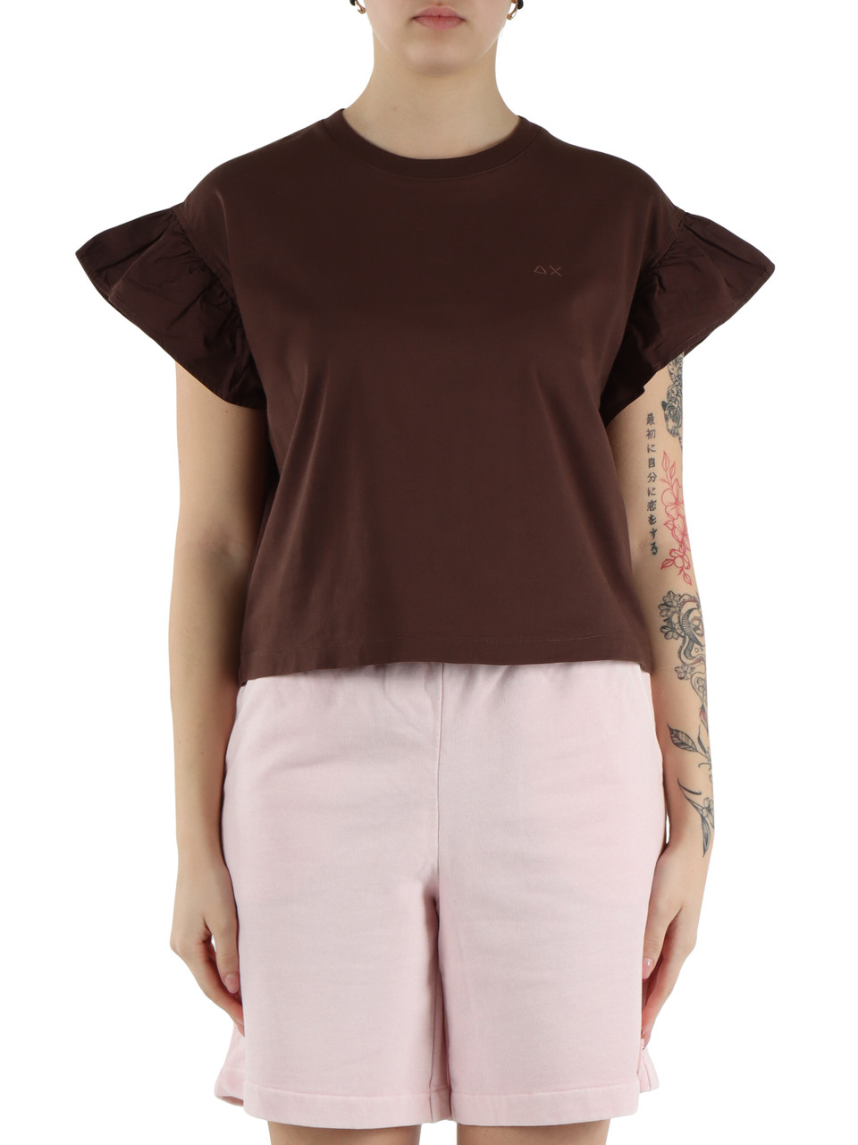 MARRONE | T-shirt in cotone con maniche a volant