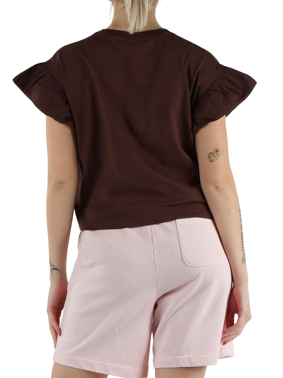 MARRONE | T-shirt in cotone con maniche a volant