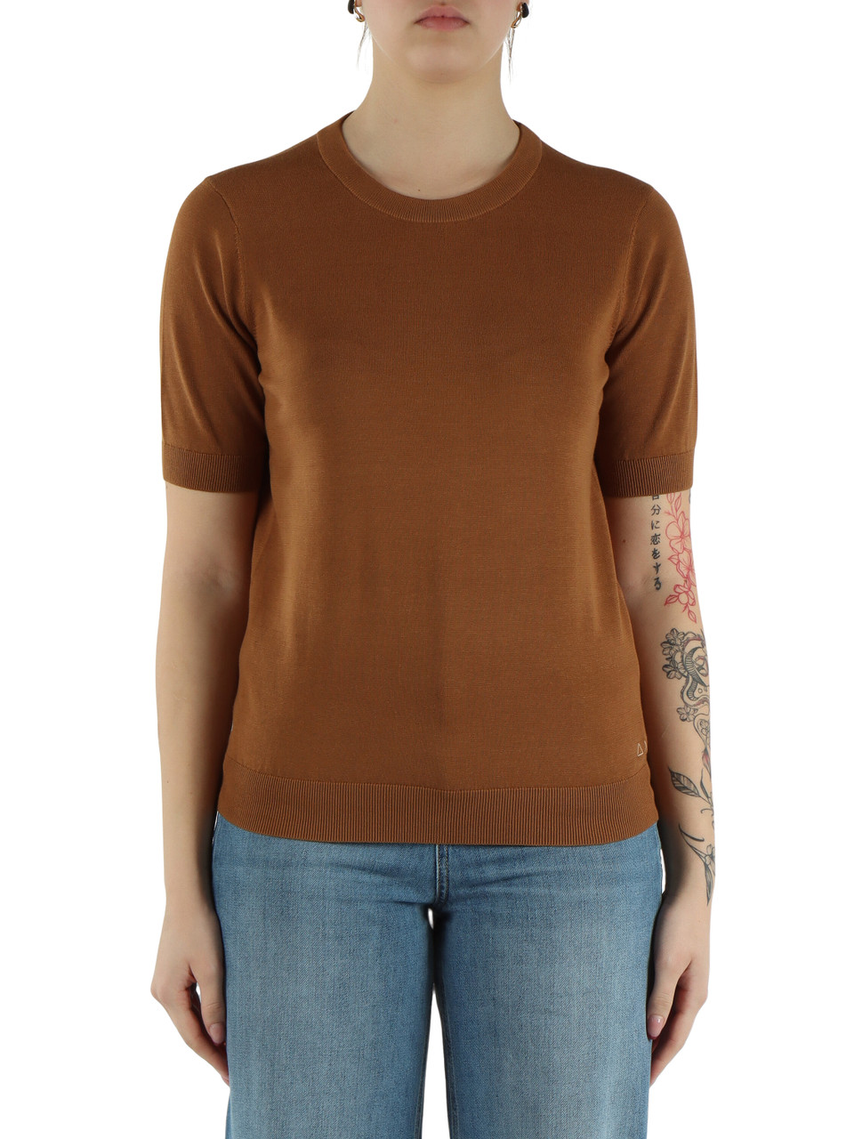 MARRONE CHIARO | Maglia girocollo in cotone a manica corta