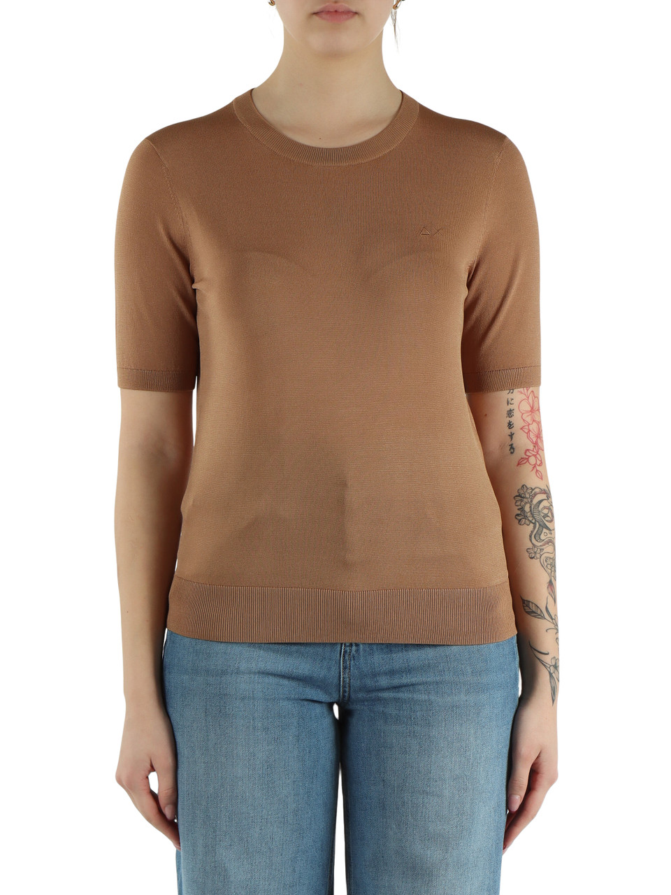 MARRONE CHIARO | Maglia girocollo a manica corta in misto viscosa