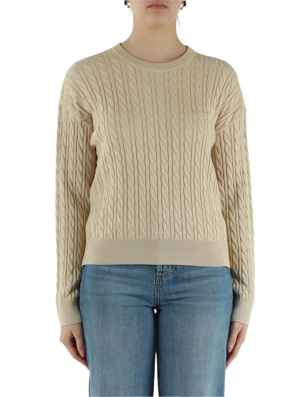BEIGE | Rundhals-Pullover aus Baumwolle mit Zopfmuster