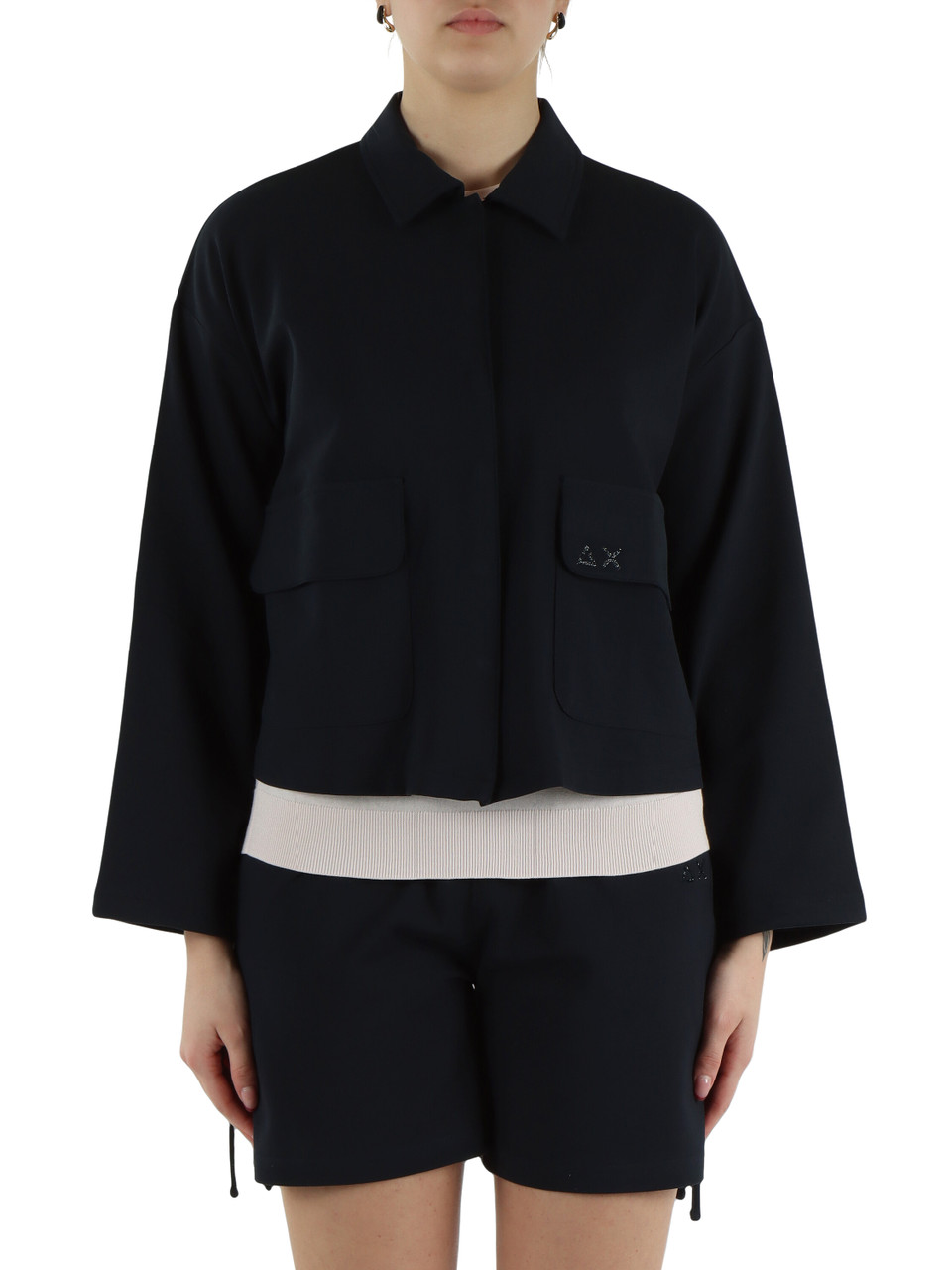 BLU SCURO | Giacchino in cotone piquet con coulisse ai polsi