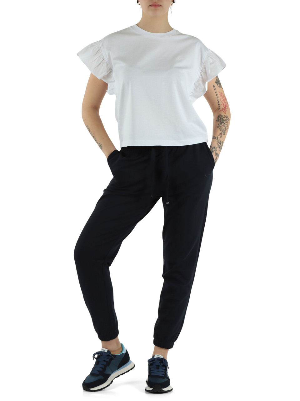 BLU SCURO | Pantaloni sportivi in cotone piquet con logo in strass