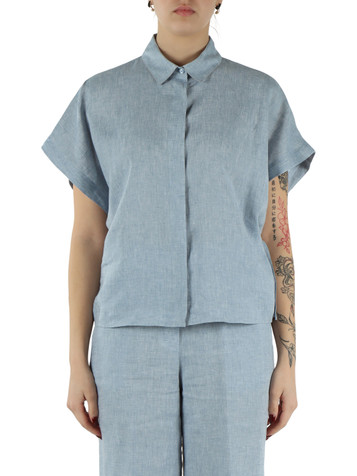 AZZURRO | Camicia in lino con coulisse su fondo maniche