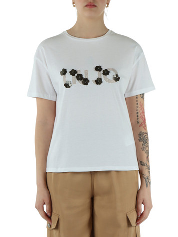 WEISS | Baumwoll-T-Shirt mit Strass-Logo