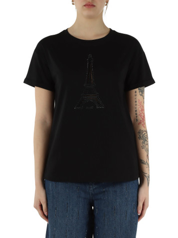 SCHWARZ | BETTER: Baumwoll-T-Shirt mit Stickereien und Strasssteinen