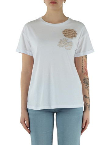 weiß/beige | BETTER: Baumwoll-T-Shirt mit Stickereien und Strasssteinen