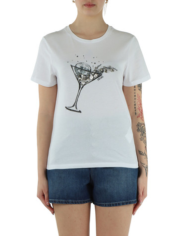 SCHWARZ/WEISS | BETTER: Baumwoll-T-Shirt mit Druck und dekorativen Steinen