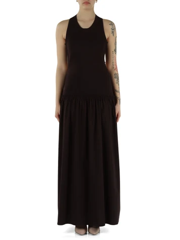 MARRONE | Abito lungo in doppio tessuto con dettagli cut-out