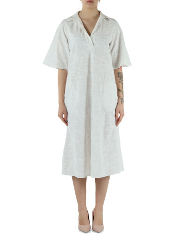 BIANCO | Abito midi ricamato FOLK in cotone e lino