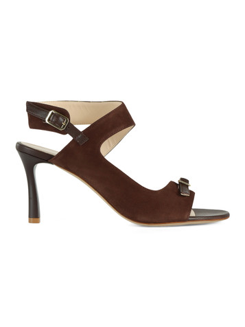 MARRONE | Sandali con tacco in suede con inserti in pelle