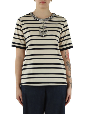 BEIGE | T-shirt in cotone a righe con pietre applicate