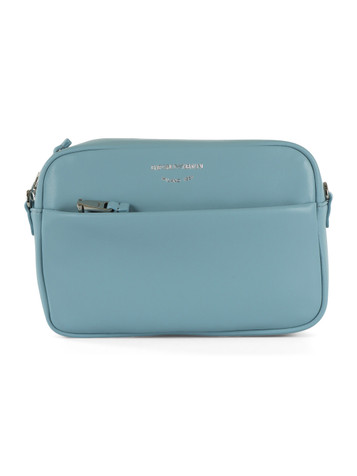AZZURRO POLVERE | Camera case a tracolla in pelle con logo impresso