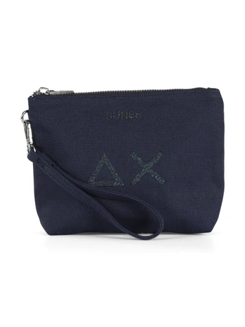 BLU SCURO | BEACH: Mini pochette in canvas con stampa logo glitterata