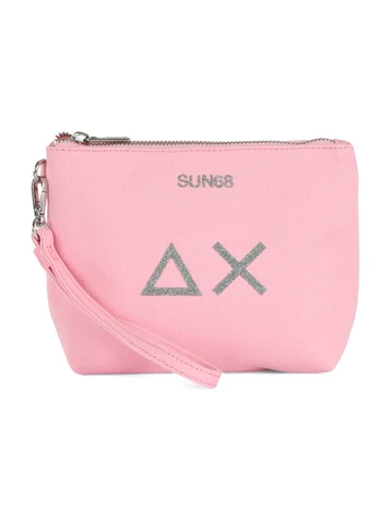 ROSA | BEACH: Mini pochette in canvas con stampa logo glitterata