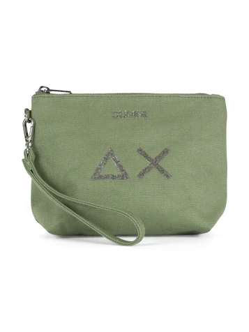 VERDE | BEACH: Mini pochette in canvas con stampa logo glitterata