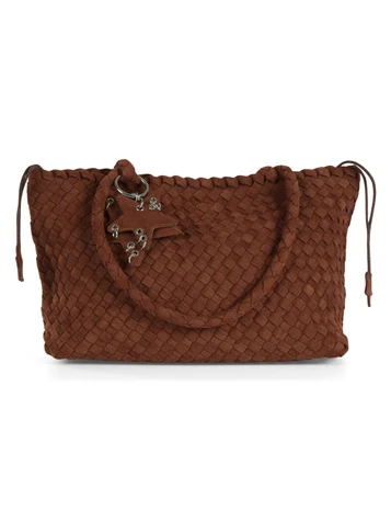 MARRONE | Borsa shopping media in ecosuede intrecciato