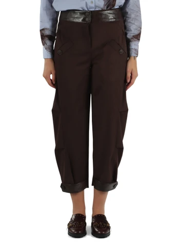 MARRONE | Pantalone in eco suede con dettagli in ecopelle