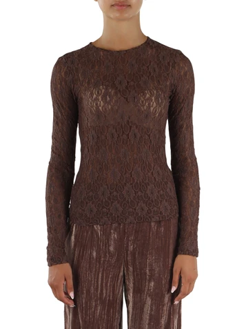MARRONE | T-shirt manica lunga in pizzo stretch MADRE