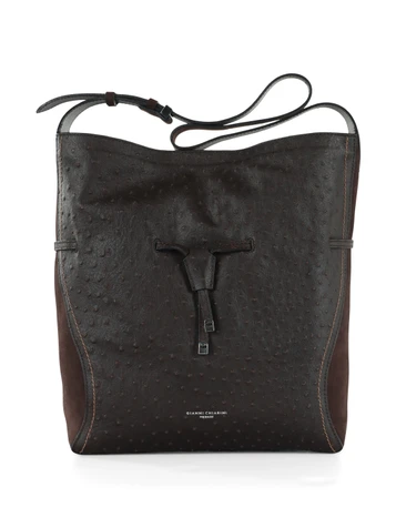 MARRONE | Borsa a spalla in suede e pelle stampa struzzo SIENNA Large