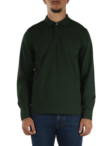 VERDE SCURO | Polo manica lunga in cotone piquet con toppe ai gomiti