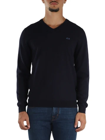 BLU SCURO | Maglia collo a V in lana merino e cotone