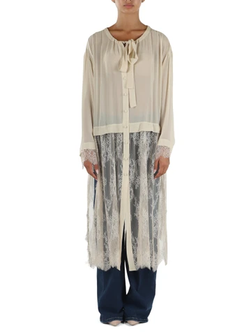 BEIGE | Camicia lunga in georgette di viscosa con inserti in pizzo