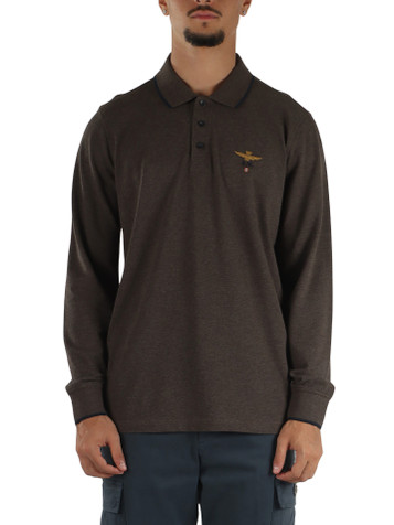 MARRONE | Polo manica lunga regular fit in cotone piquet