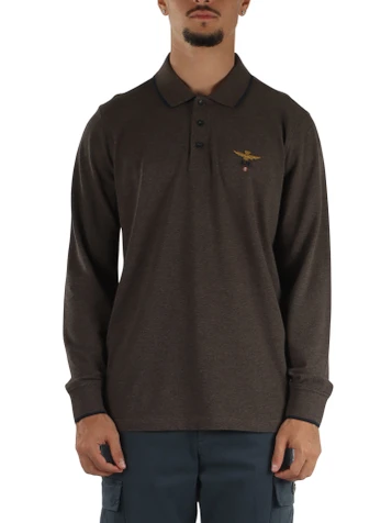 MARRONE | Polo manica lunga regular fit in cotone piquet