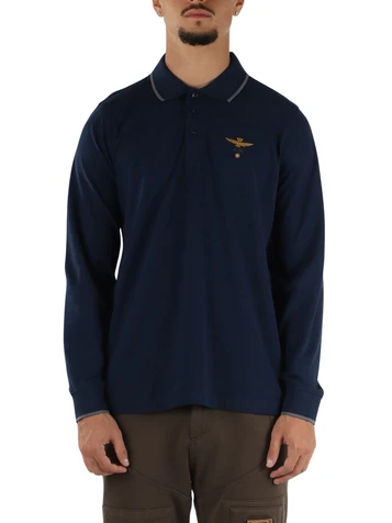 BLU SCURO | Polo manica lunga regular fit in cotone piquet