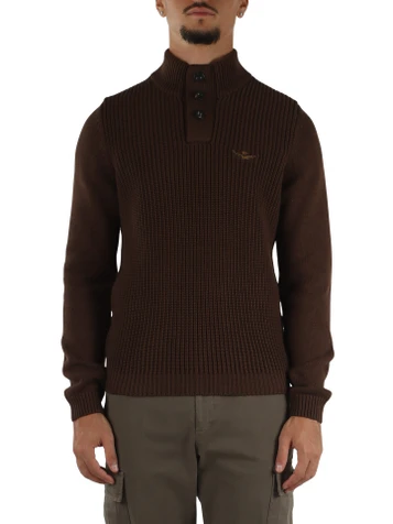 MARRONE | Maglia in cotone pesante con bottoni al collo