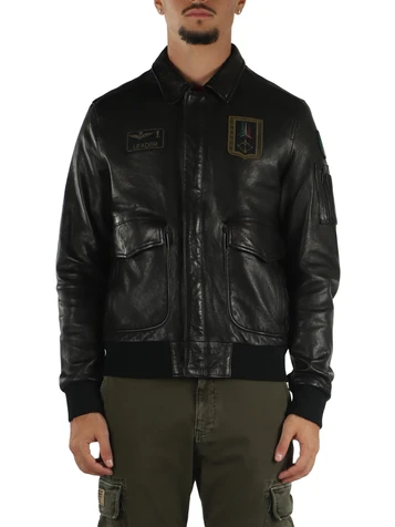 NERO | Giacca Pilot in pelle con patch logo