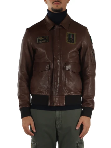MARRONE | Giacca Pilot in pelle con patch logo