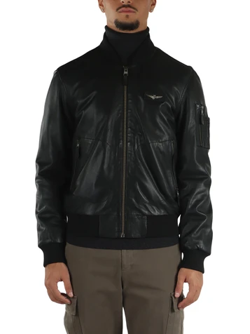NERO | Giacca bomber in pelle con placca logo