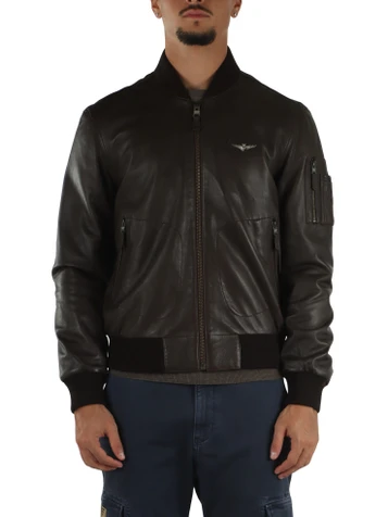 MARRONE | Giacca bomber in pelle con placca logo