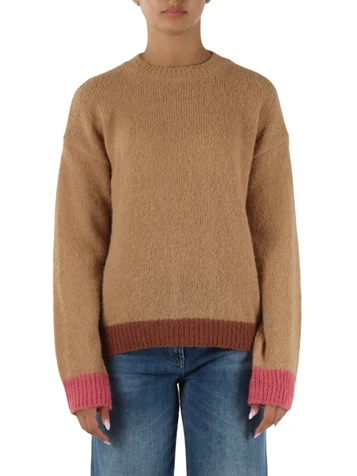 BEIGE | Maglia girocollo in misto alpaca con inserti a contrasto