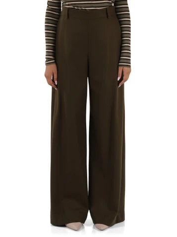 VERDE SCURO | Pantalone gamba larga in misto lana vergine