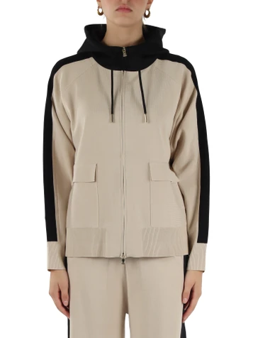 BEIGE | Cardigan con zip e cappuccio in misto viscosa