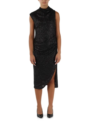 MARRONE | Abito midi drappeggiato con paillettes all over