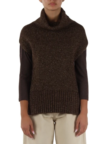 MARRONE | Gilet poncho in misto lana merino e lurex